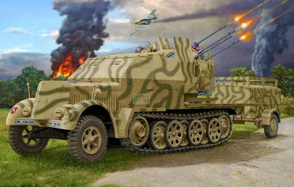 Картинка war, art, painting, flak, Sd. Kfz. 7/1