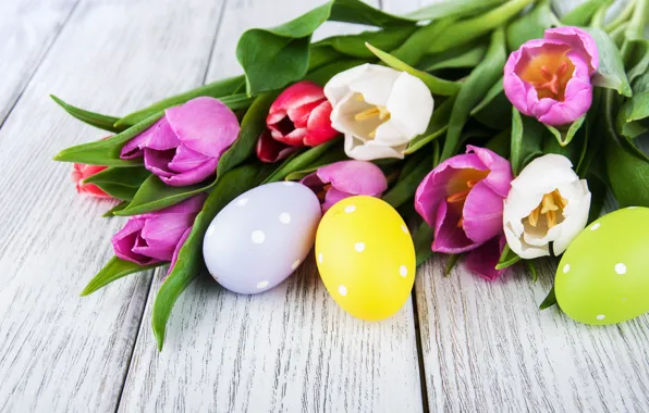 Цветы, яйца, colorful, Пасха, тюльпаны, happy, wood, pink