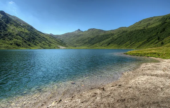 Картинка зелень, горы, озеро, холмы, берег