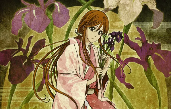 Девушка, цветы, Bleach, Блич, ирисы, Иноуэ Орихиме