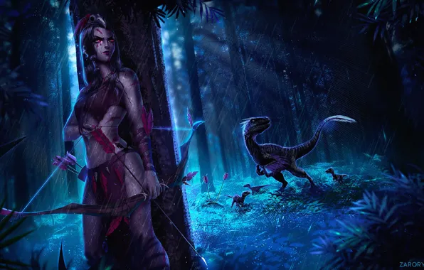Девушка, Рисунок, Лес, Лук, Fantasy, Арт, Hunter, Raptor