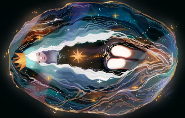 Звезды, длинные волосы, в воде, колени, mermaid, by Aki_a0623, коронв, морская царевна