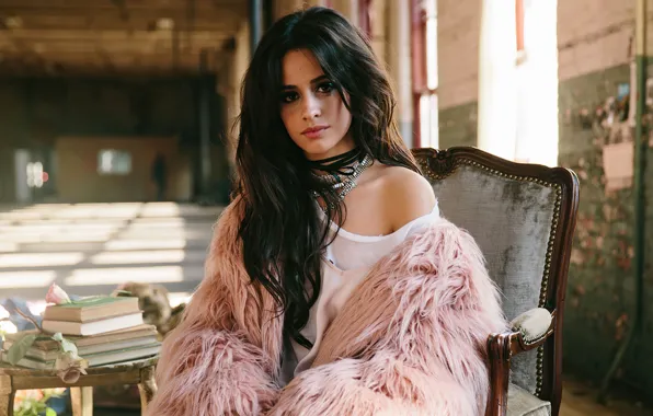 Картинка взгляд, девушка, поза, макияж, брюнетка, книга, певица, Camila Cabello