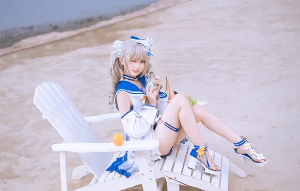 Картинка Asian, legs, blue eyes, cosplay, bench, white dress, Barbara, Genshin Impact