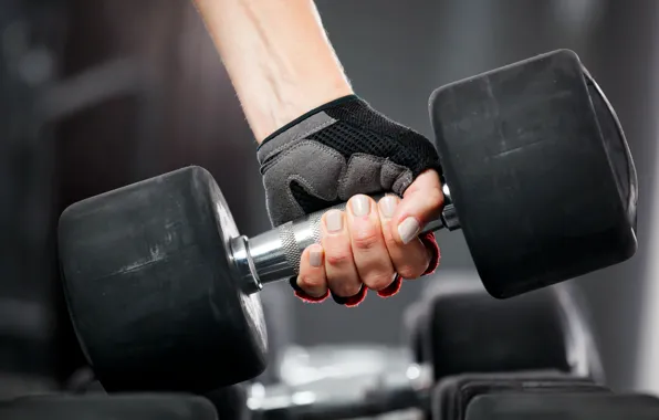 Картинка woman, fitness, gloves, dumbbell, weight