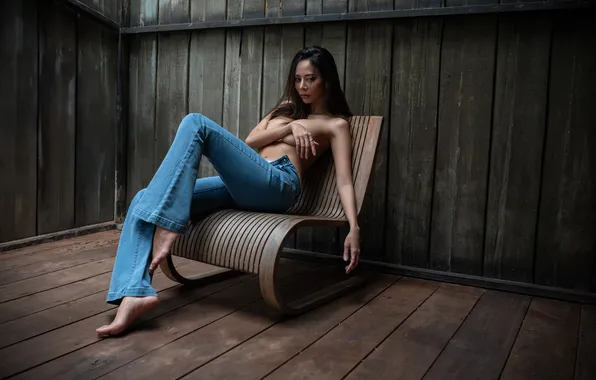 Asian, barefoot, women, jeans, John Simon, nip-slips
