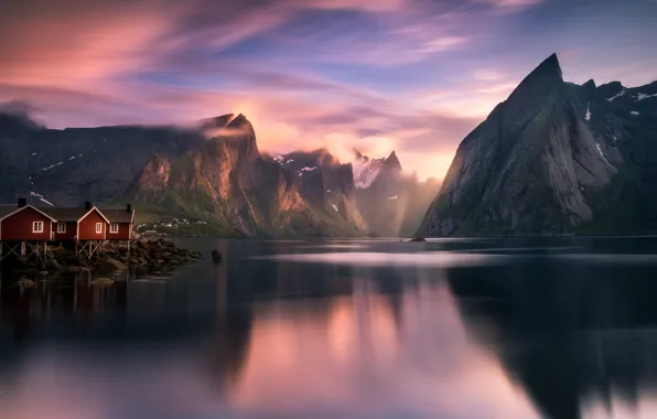 Картинка горы, озеро, дома, Норвегия, фьорд