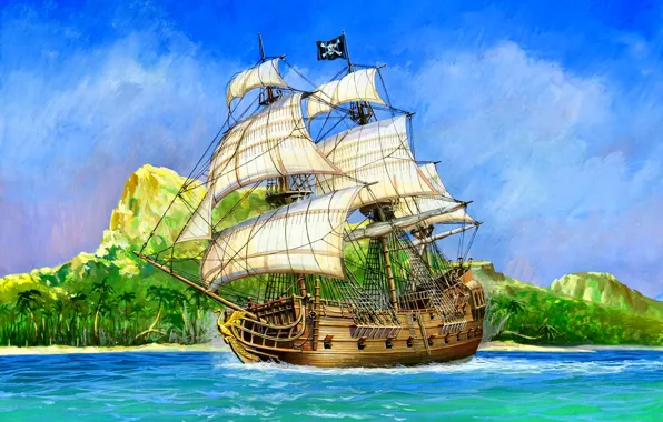 Корабль, Пиратский, ''Черный Лебедь'', Галеон, 18 фунтовые пушки, бортовой залп содержит 16 пушечных ядер