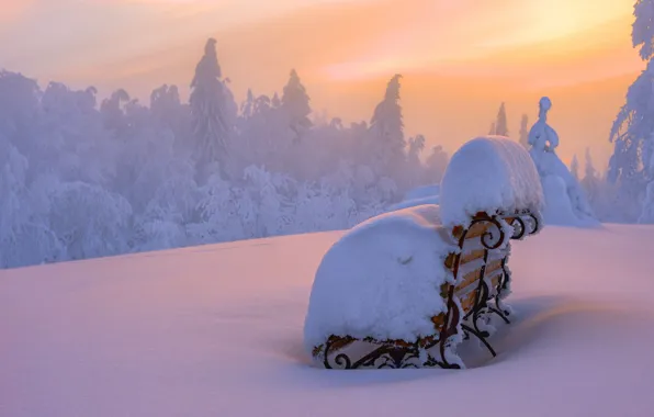 Картинка зима, снег, пейзаж, закат, скамья