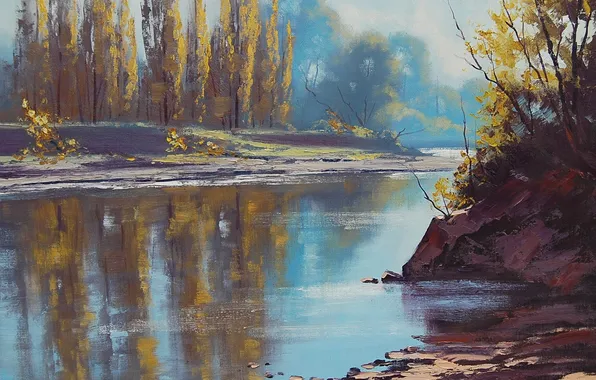 Картинка осень, вода, деревья, природа, отражение, река, арт, artsaus