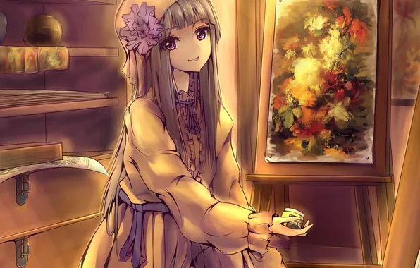 Картинка девушка, цветы, краска, картина, аниме, арт, шторы, horai no han gengetsu