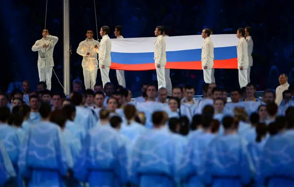 Люди, Флаг, Россия, триколор, спортсмены, знамя, хор, Сочи 2014