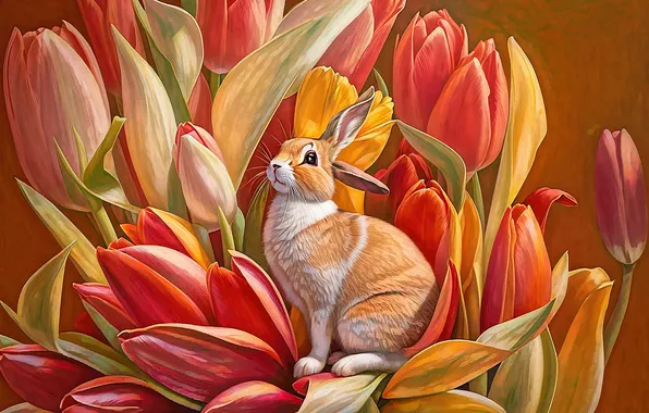 Взгляд, листья, цветы, природа, заяц, кролик, рыжий, Пасха