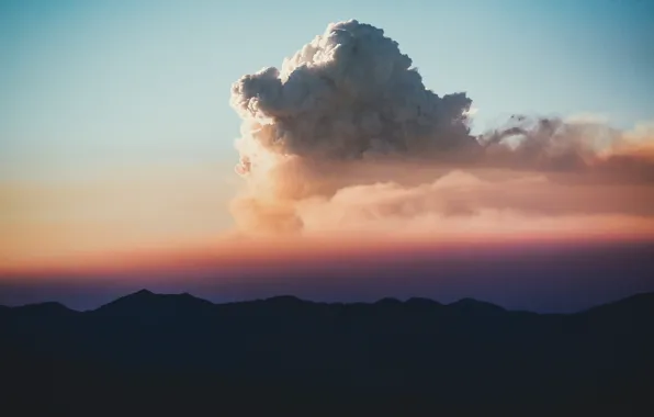 Twilight, sunset, mountains, clouds, dusk, silhouettes
