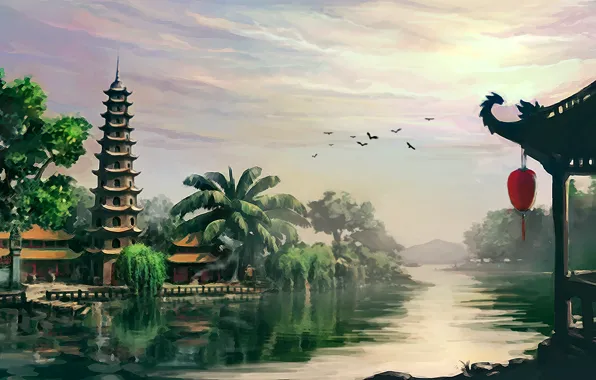 Картинка пейзаж, река, азия, храм, пагода, вьетнам
