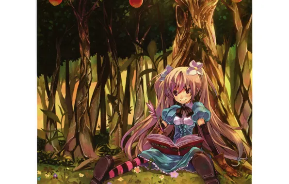 Цветы, дерево, яблоки, перчатки, книга, alice in wonderland, полосатые чулки