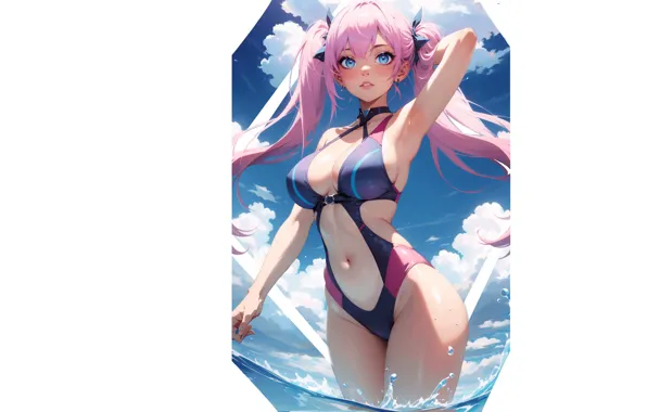 Kawaii, girl, hot, sexy, wet, pink hair, sea, ocean