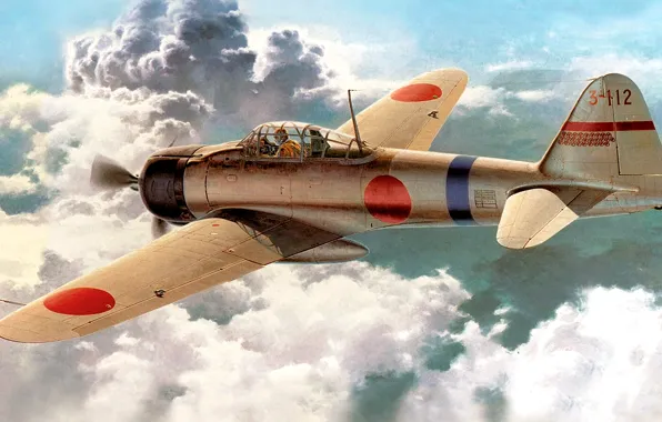 Картинка рисунок, арт, японский, палубный истребитель, WW2, (Type 0), Mitsubishi A6M2 Reisen
