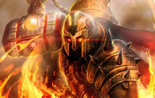 Картинка огонь, молот, арт, шлем, Prometheus, God of Flame