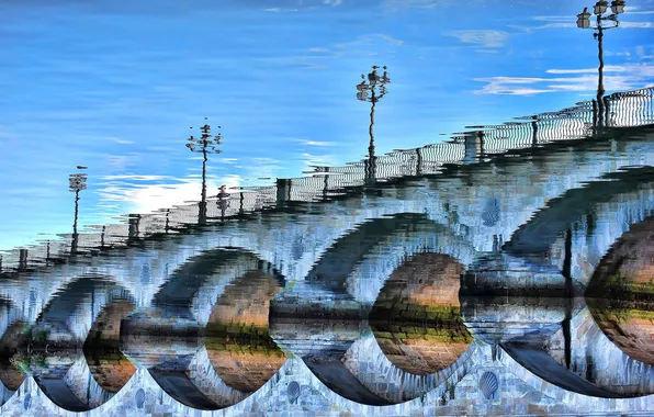 Картинка небо, мост, отражение, река, фонари