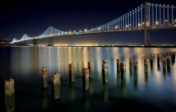 Картинка ночь, мост, город, огни, пристань, Калифорния, Сан-Франциско, USA