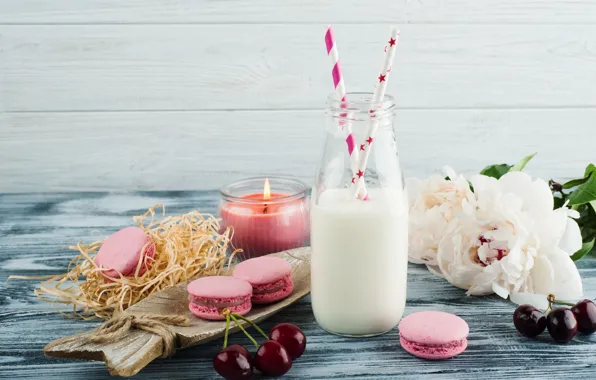 Цветы, вишня, бутылка, молоко, печенье, пион, трубочки