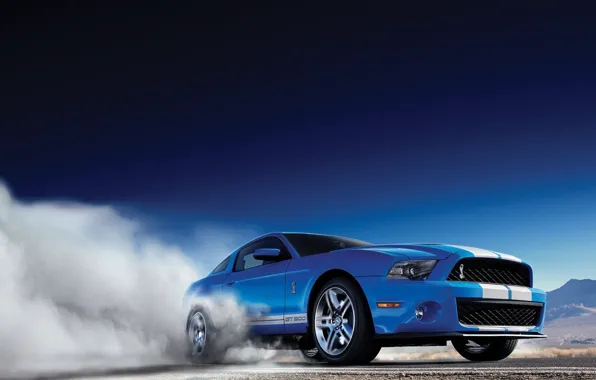 Дорога, машина, синий, полосы, фары, дым, Mustang, Ford