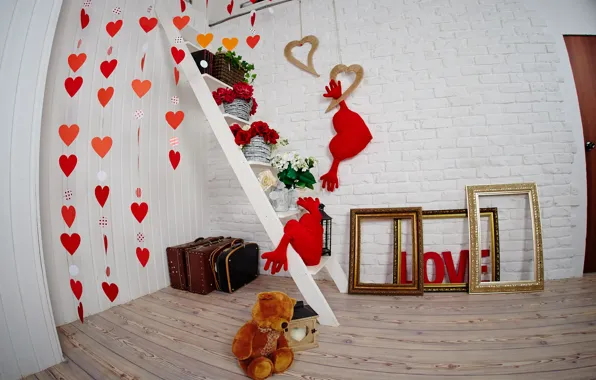 Любовь, праздник, сердце, интерьер, мишка, лестница, день влюбленных, рамки