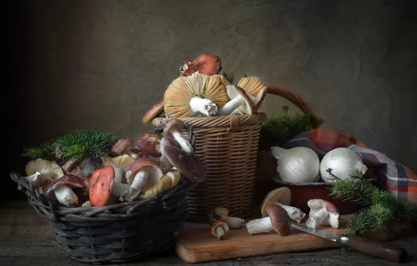 Стол, грибы, еда, полотенце, лук, нож, натюрморт, корзинка