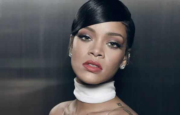 Взгляд, портрет, макияж, брюнетка, тату, прическа, певица, Rihanna