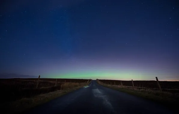 Road, countryside, northern lights, aurora borealis