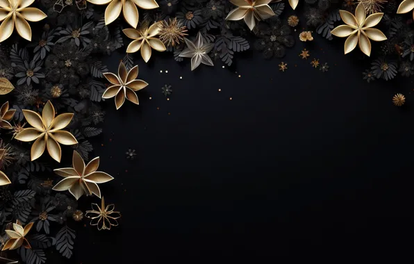 Flowers, Новый Год, фон, dark background, золото, снежинки, luxury, New Year