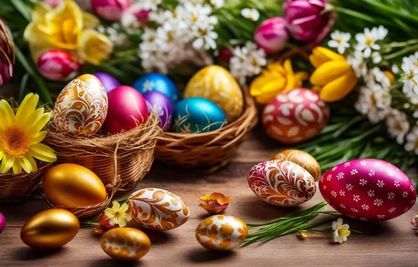 Картинка цветы, яйца, весна, colorful, Пасха, happy, flowers, spring