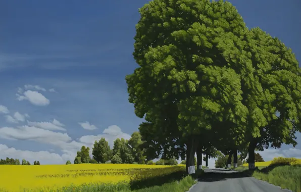 Картинка дорога, лето, небо, трава, облака, деревья, пейзаж, природа