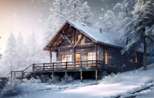 Картинка зима, лес, снег, ночь, мороз, домик, house, хижина