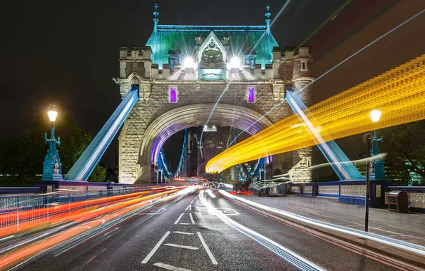 Мост, огни, Англия, Лондон, Tower Bridge