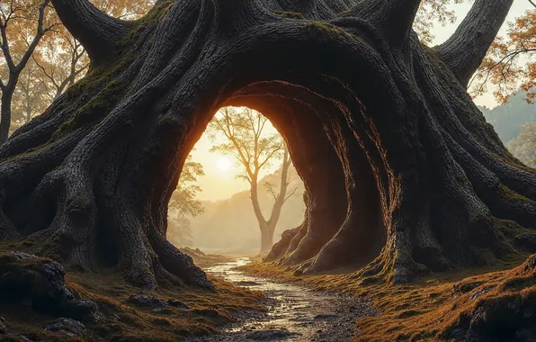 Осень, лес, свет, ветки, туман, ручей, дерево, утро