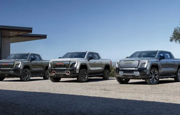 Картинка экстерьер, General Motors, электропикап, GMC Sierra EV, три автомобиля