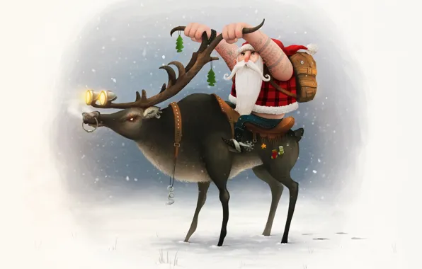 Картинка снег, фон, олень, Новый год, рога, байкер, Санта Клаус, Happy New Year