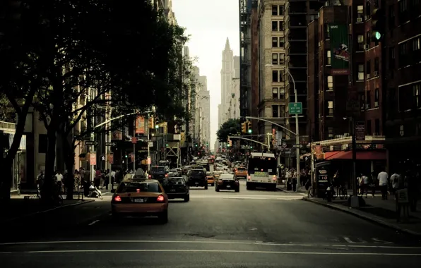 Машины, город, люди, улица, Нью-Йорк, небоскребы, америка, сша