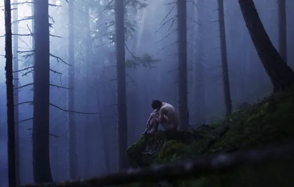 Картинка лес, туман, парень