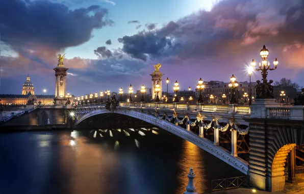 Мост, огни, река, Франция, Париж, вечер, фонари