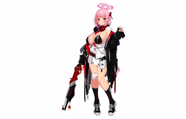 Girl, gun, sexy, lingerie, bra, cleavage, pink hair, legs