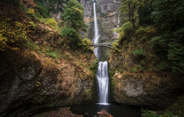 Картинка мост, скалы, поток, Орегон, Oregon, водопад Малтнома, Multnomah Falls