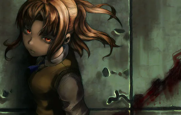 Картинка взгляд, девушка, стена, кровь, форма, shingetsutan tsukihime, yumizuka satsuki