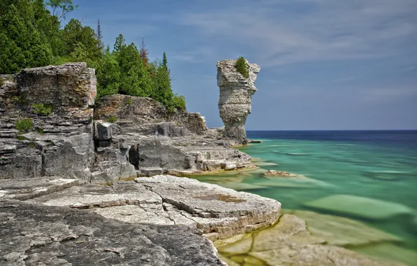 Деревья, природа, озеро, камни, скалы, Канада, Онтарио, Bruce Peninsula National Park