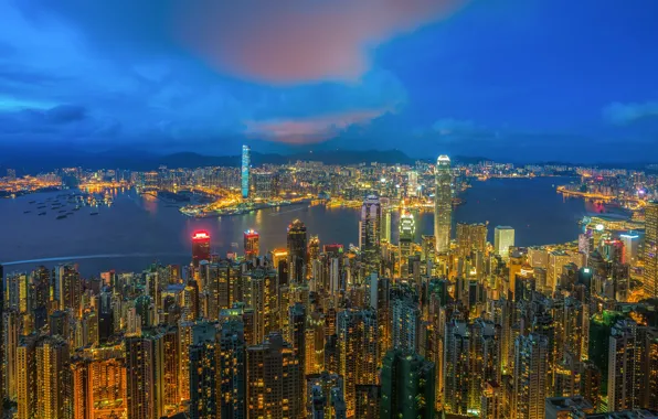 Море, пейзаж, город, ночные огни, Гонконг, Китай, ночные города