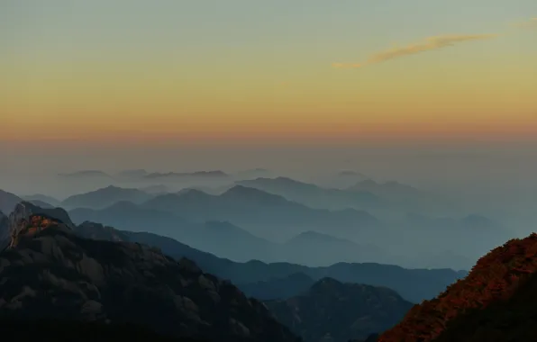 Картинка China, clouds, fog, Sunrise, Mountains, Mountain Range, Anhui, Huangshan