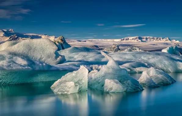 Картинка лед, море, небо, солнце, снег, синева, Исландия, глыбы