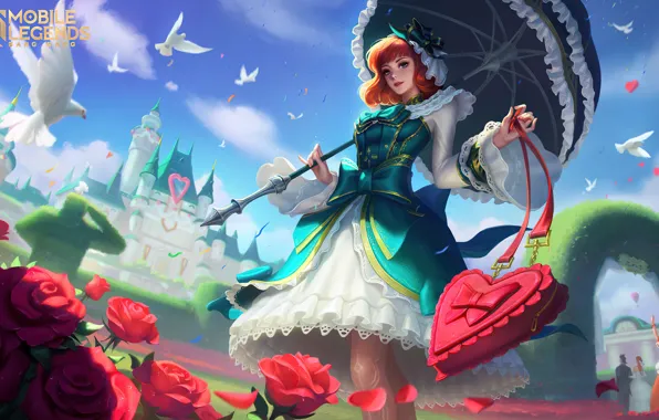 Девушка, цветы, замок, голуби, сердечко, Kagura, Mobile Legends: Bang Bang!